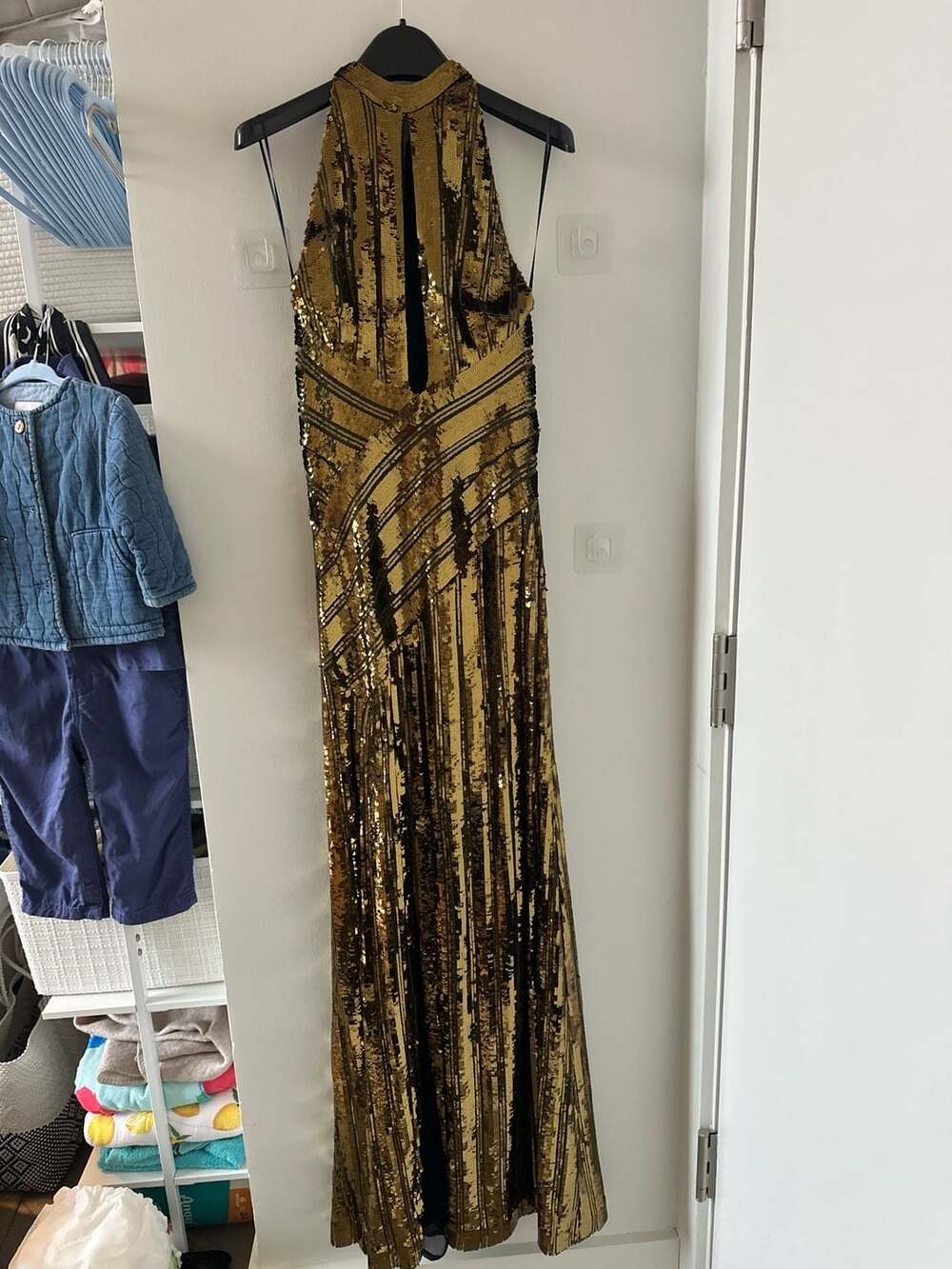 Galvan size 36 gold sequin dress Peek a boo gown